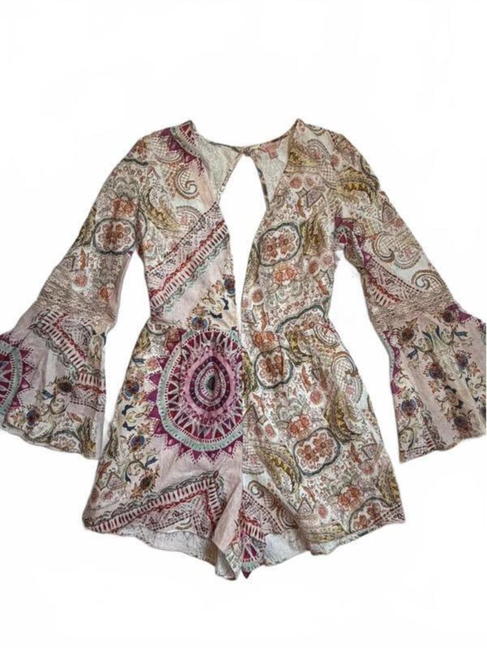 Guess Women's Bohemian Style Printed Romper with Bell Sleeves XS